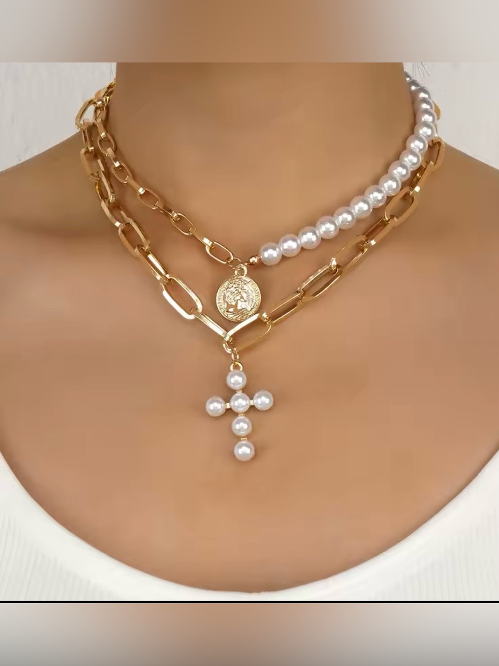 Gold Layered  Chunky Paperclip Cross Pearl Necklace - Chic Women's Jewelry